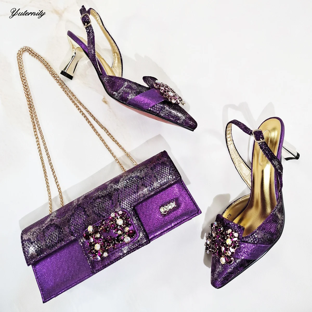 

Nigerian Style Rhinestones Purple Color Sandals Shoes And Matching Bags Set New Italian Shoes And Bags Set For Wedding Dress