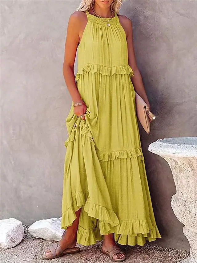 

Womens Dresses 2023 Summer Fashion Ruffled Casual Round Neck Sleeveless Tie Detail Long Swing Flowy Beach Vacation Maxi Dress