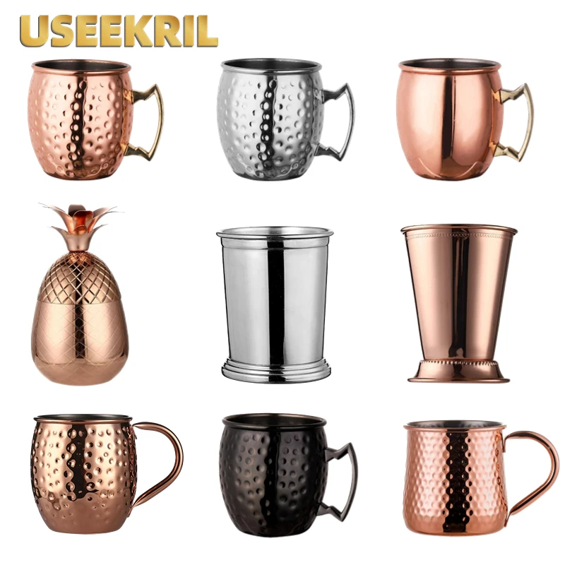 550ml Moscow Mule Copper Mugs Metal Mug Cup Stainless Steel Hammered Copper Plated Beer Cups Beer Wine Coffee Mugs Bar Accessory