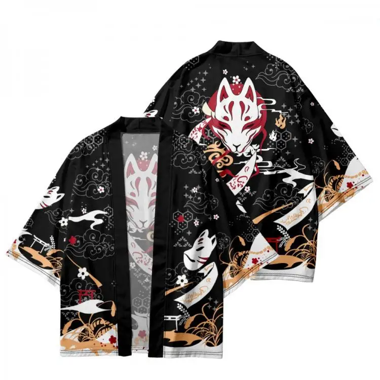 Japanese Sakura Inari Fox Kimono for Men and Women, Asian Clothes, Yukata Haori, Traditional Kimonos,  Fox Mask Print