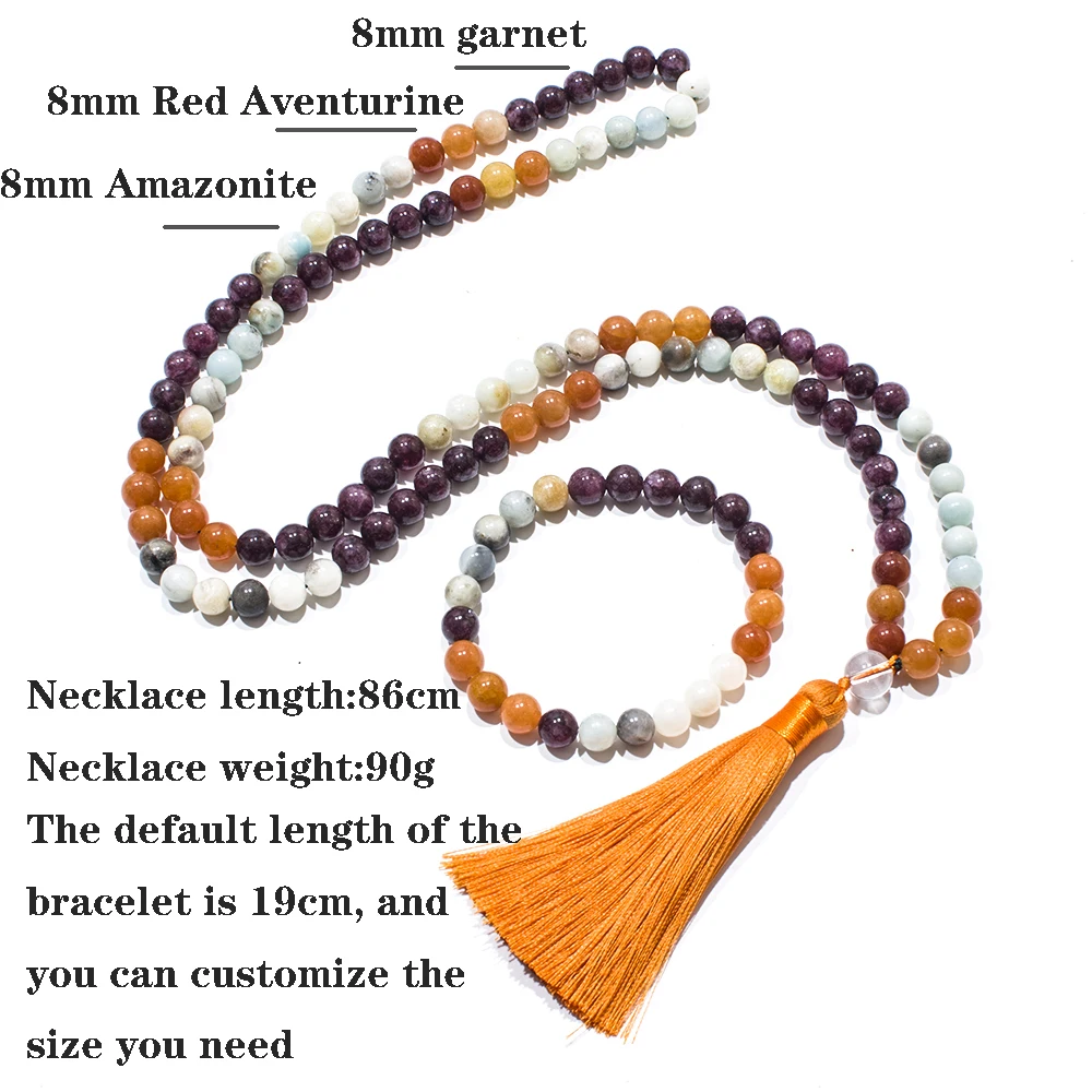 8mm Amazonite Red Aventurine Beads 108 Mala Necklace Bracelet Set Meditation Yoga Prayer Japamala Jewelry for Women