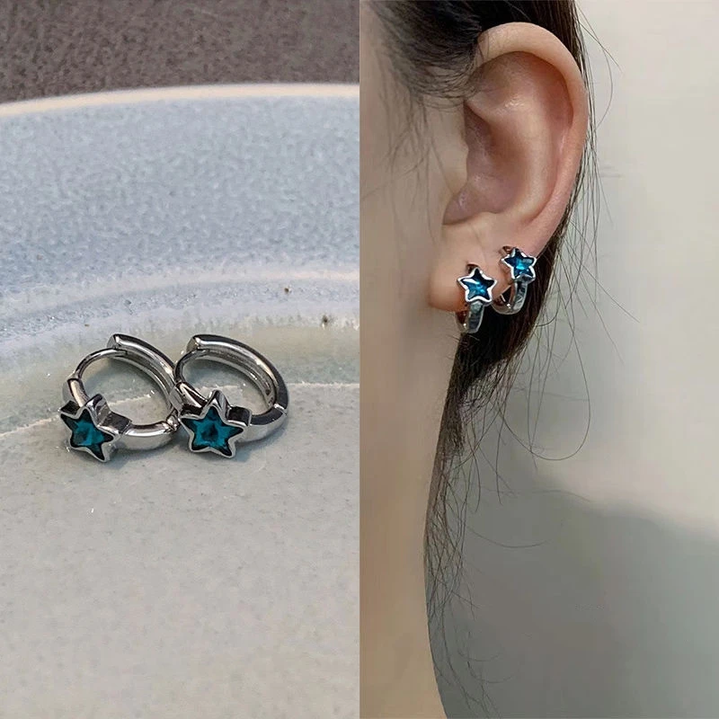 New Trendy Cute Sweet blue star Hoop Earrings for Women Girls Simple Fashion Vintage Earrings Aesthetic Jewelry Y2K Gift