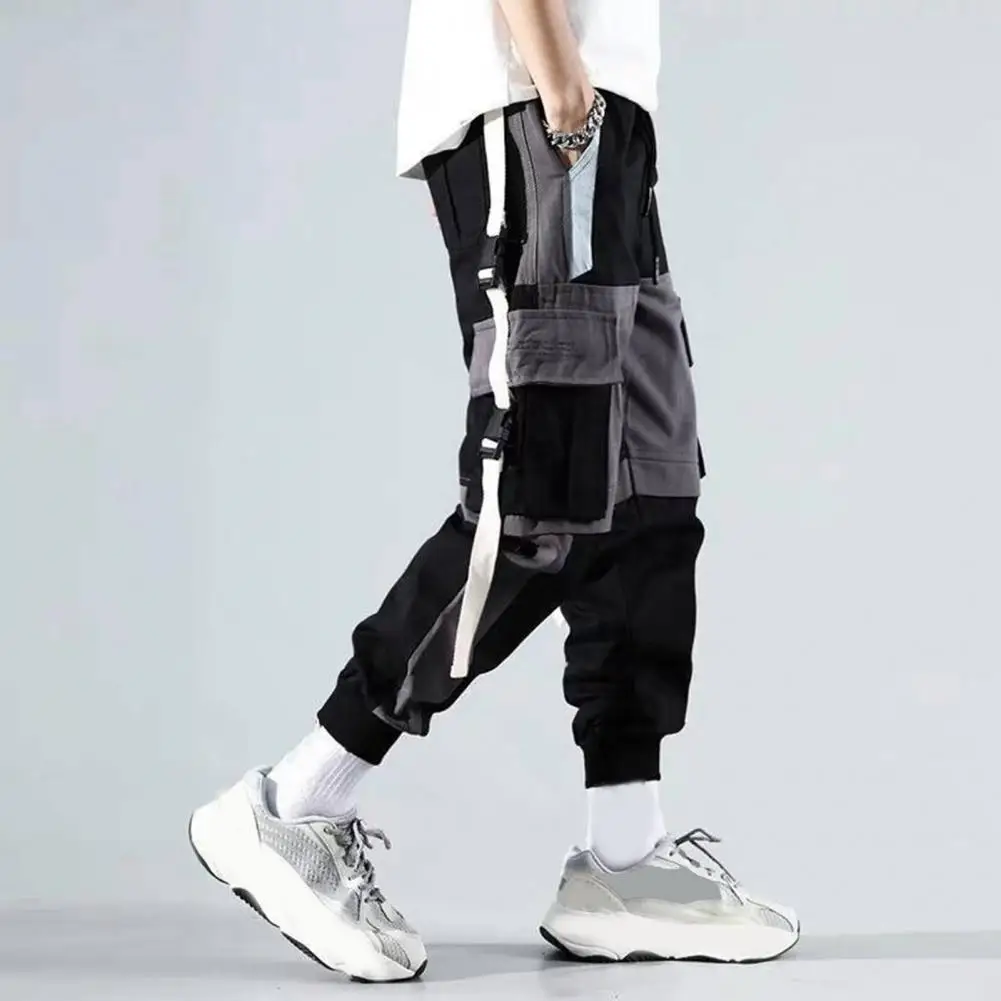 Loose Fit Multi-pocket Cargo Trousers Streetwear Ninth Pants Men's Cargo Trousers with Multi Pockets Deep Crotch Buckle for Hip