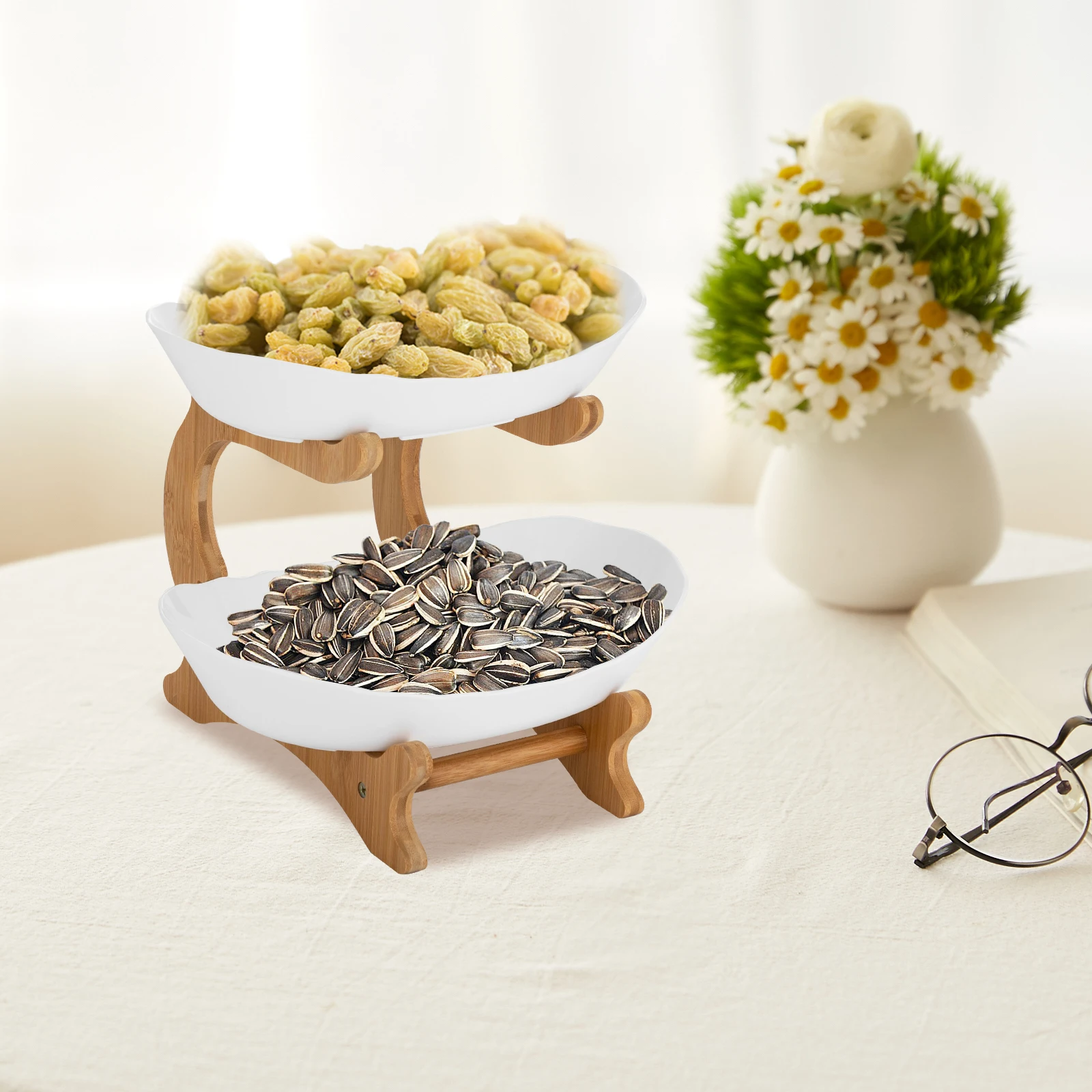 Assiette à fruits à 2 couches, plat à collation en bambou PP, panier de fruits secs créatif, bol à salade pour enfants, fête scolaire, blanc