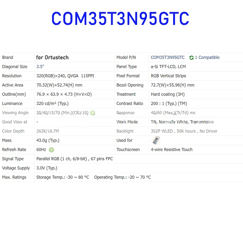 COM35T3N95GTC 3.5 Cal oryginalny LCD Panel wyświetlacza dla Ortustech nowy i szybka wysyłka 100% testowane
