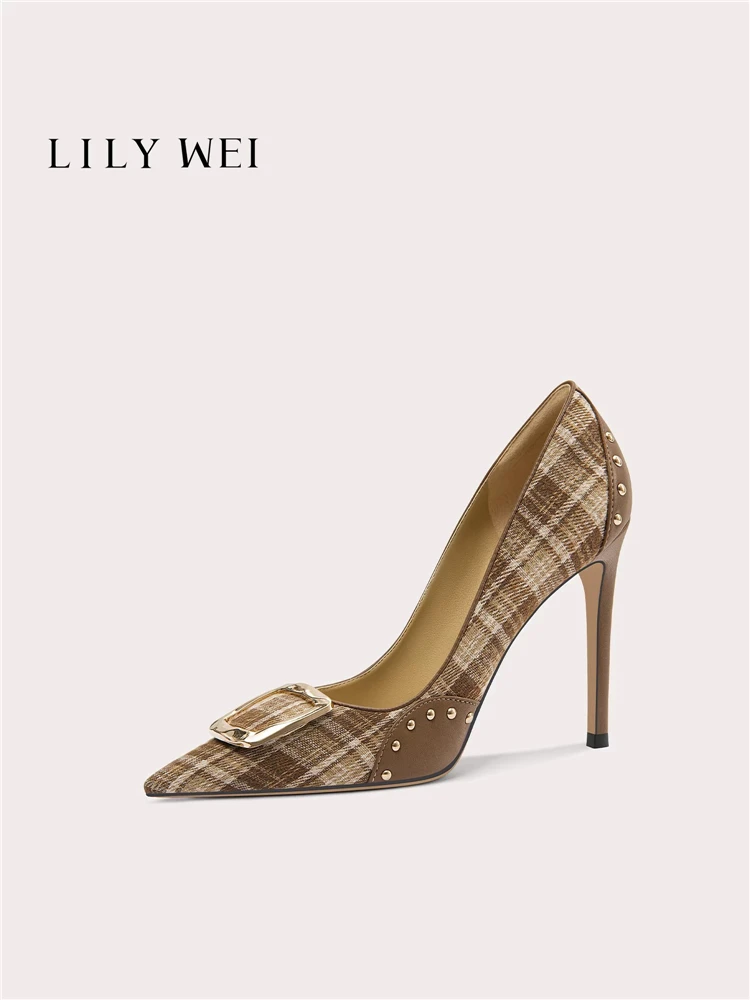 

Новые весенние туфли с острым носком, из клетчатой ткани, с металлической пряжкой и заклепками, на низком каблуке, для банкетов, большие и маленькие размеры, женская обувь на высоком каблуке