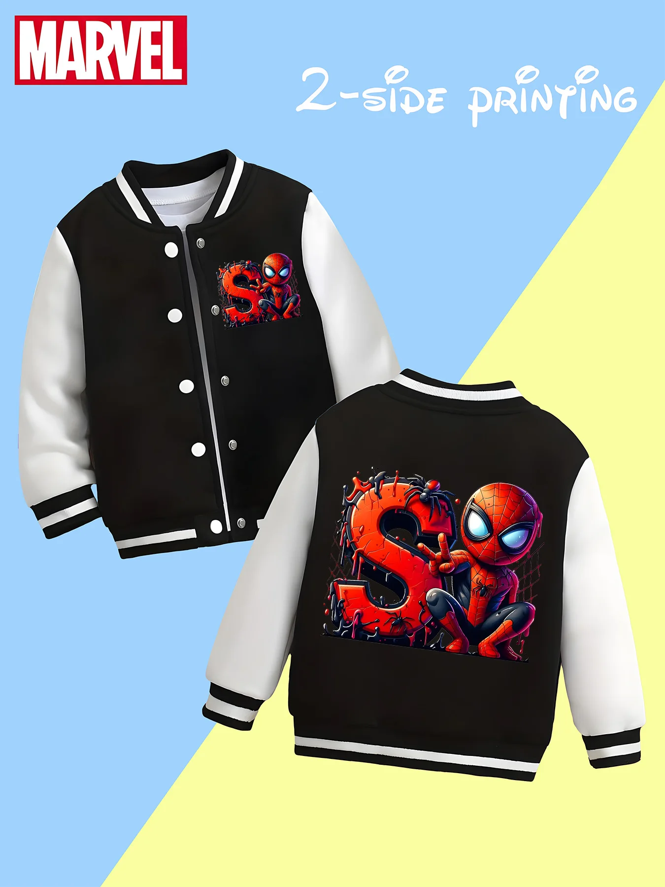 

MINISO Stylish Marvel Spider-Man Boys Baseball Jacket - Double-sided print, black and white, comfortable fabric