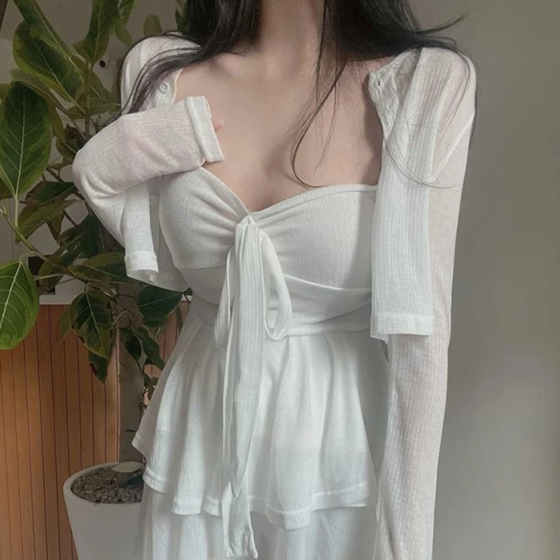 

Sexy Slim Fit Dongda Gate Women's Fashion Set with Strap Cardigan See through Top Bottoms Two-Piece Suit Casual Breathable