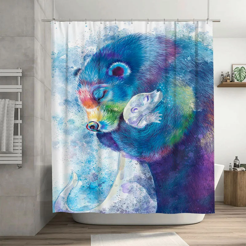 

Whimsical Bear Family Shower Curtain Watercolor Print in Blue, Purple Green with White Baby Bears Size 180cm x 245cm (71''x96'')