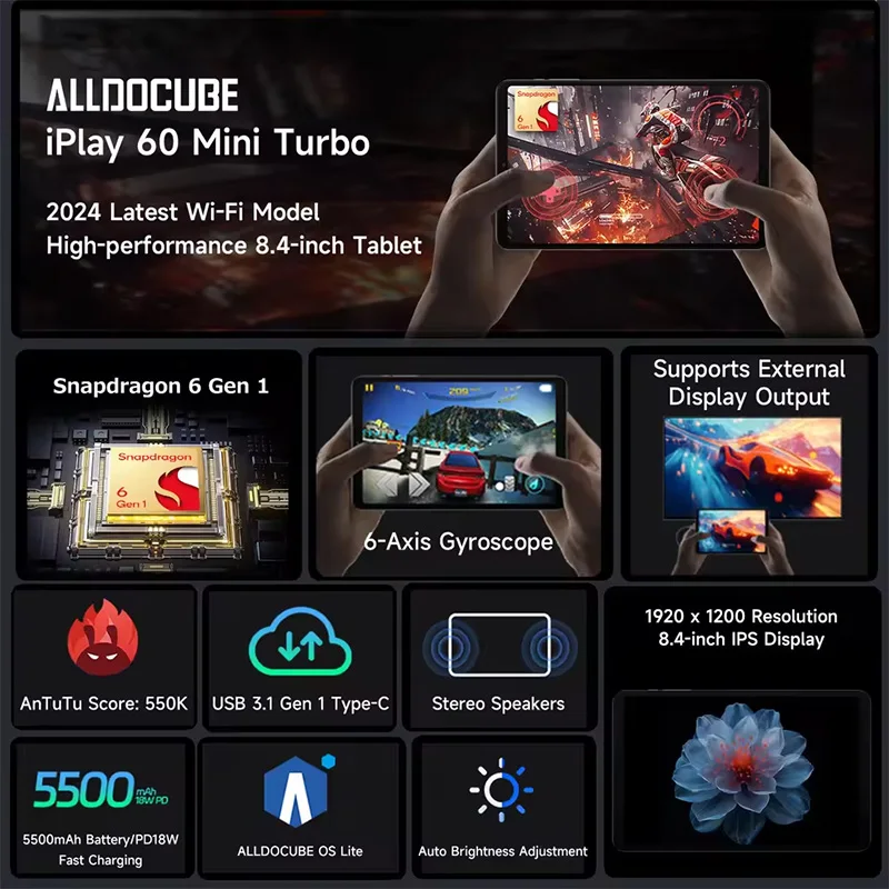 تابلت ALLDOCUBE iPlay60 mini Turbo مقاس 8.4 بوصة 60 هرتز سنابدراجون 6 Gen1 16 جيجابايت (8 جيجابايت + 8 جيجابايت افتراضي) رام 128 جيجابايت روم واي فاي 5500 مللي أمبير في الساعة أندرويد 14