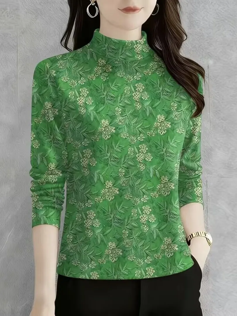 Fashionable Printed High Collar Long Sleeve T-Shirt Women's Base Layer Top Commute Style Milk Fiber Plant Floral Design