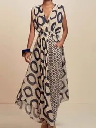 Boho Two-piece Suits Women's Elegant Printed Sleeveless V-Neck Lace Slim Top Loose Fashion Patchwork Top Pants Suit For Women