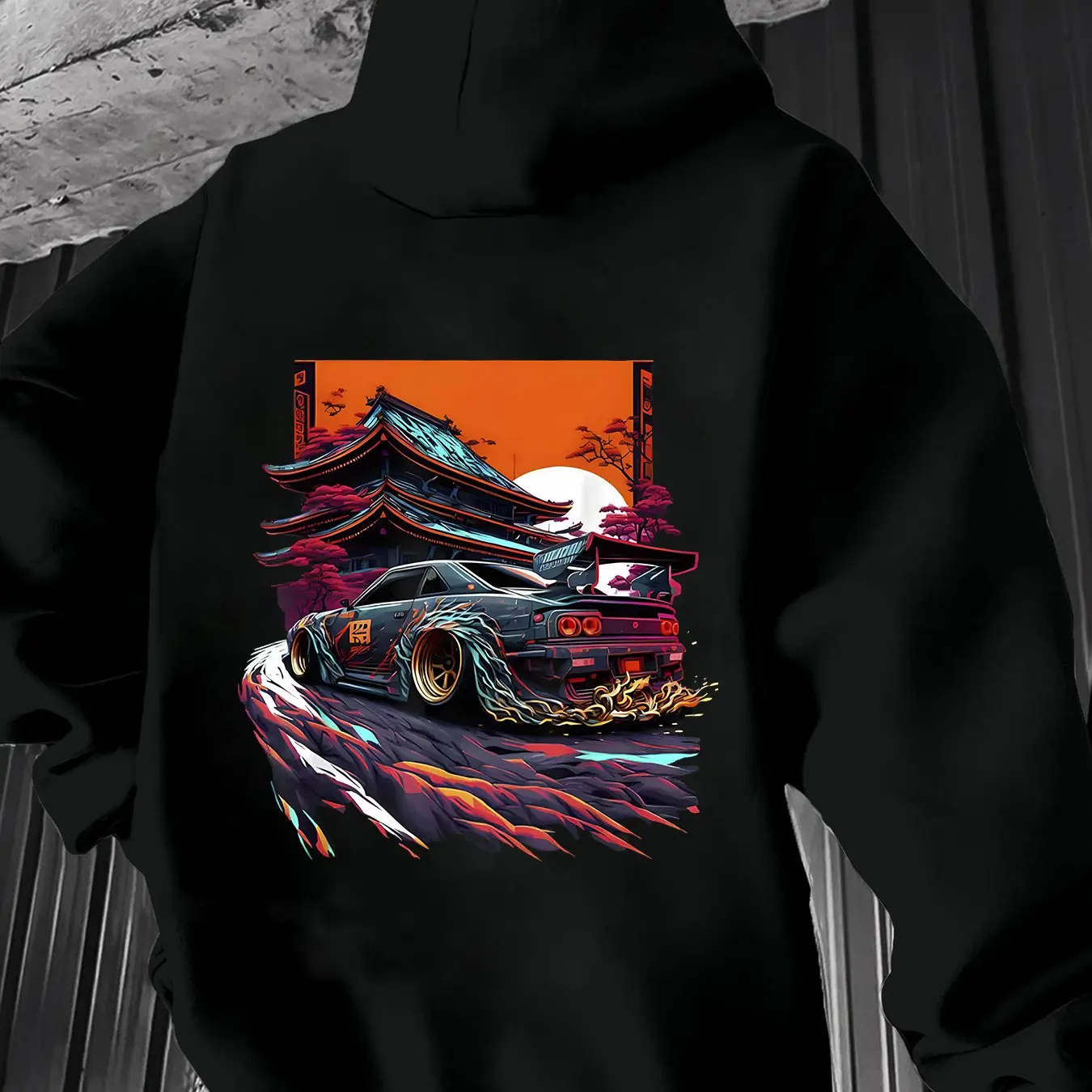 

​​japanese street hoodie black orange sky print streetwear oversized pullover pagoda car with flame wheels and spoiler design​