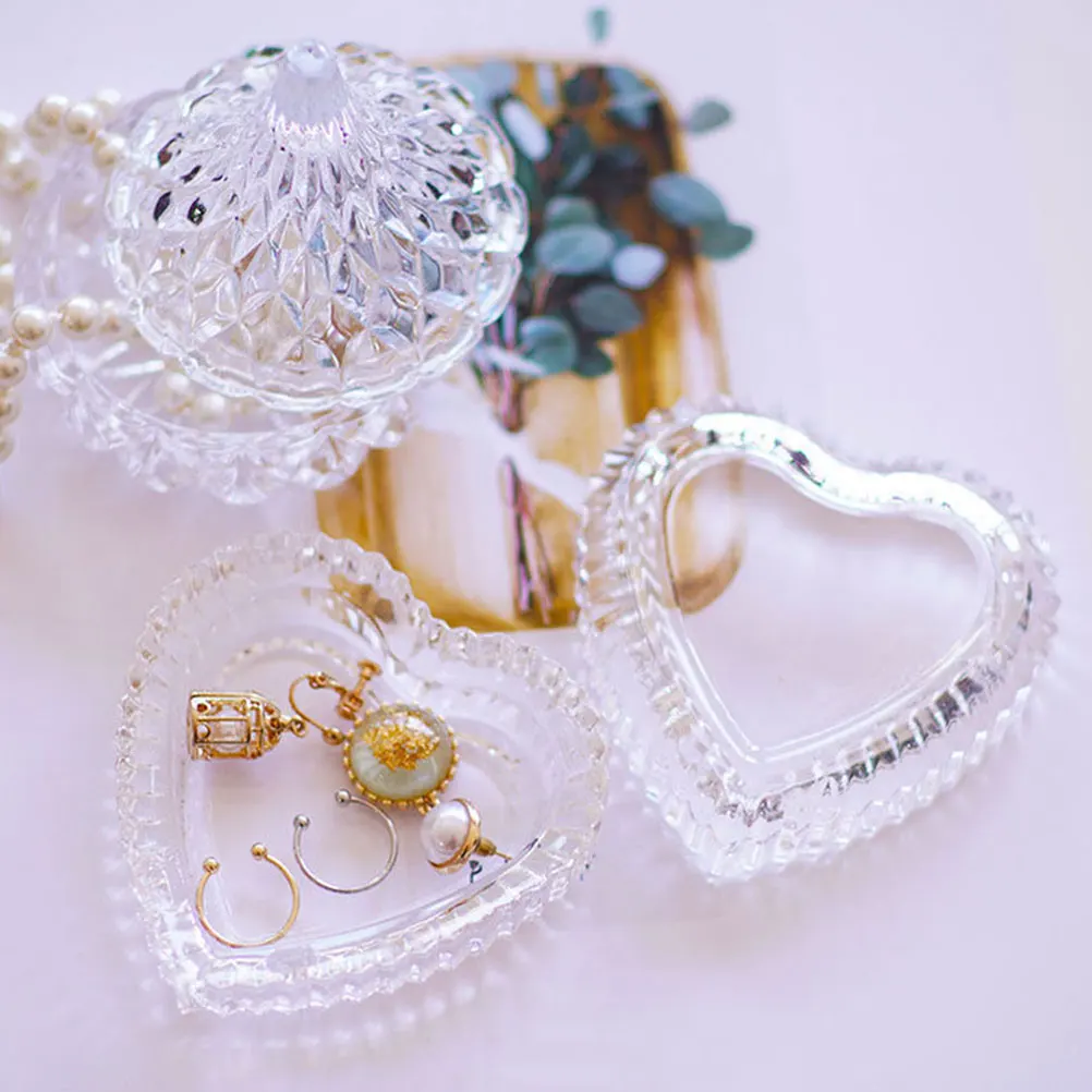 

2 шт., креативная стеклянная шкатулка для драгоценностей в форме сердца, прозрачный контейнер для небольших аксессуаров, украшение для стола, услуги для вечеринок