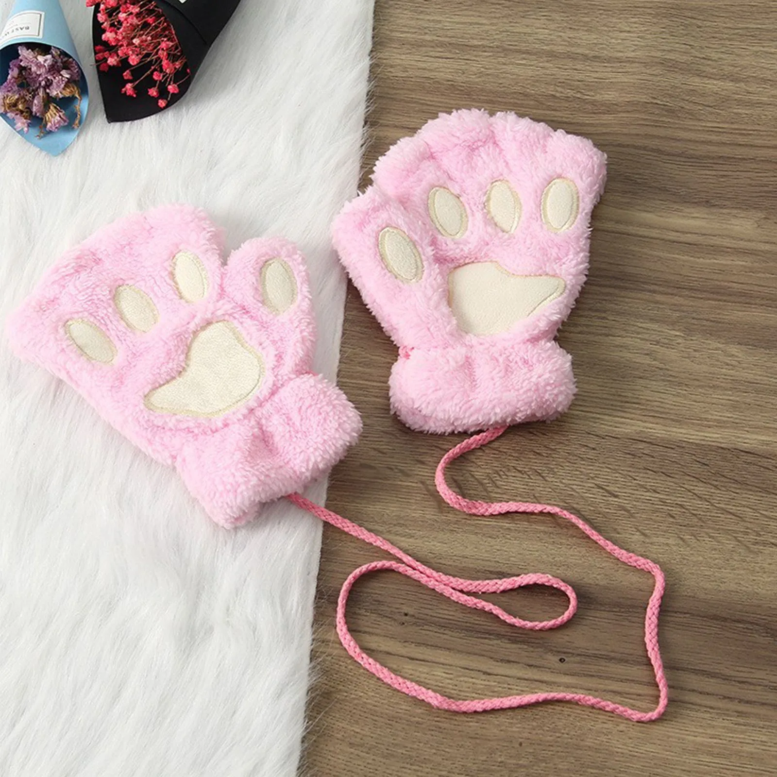 Cat Paw Gloves Winter Cute Cartoon Cat Girl Open Finger Gloves Thickened Fluffy Bear Paw Half Finger Gloves