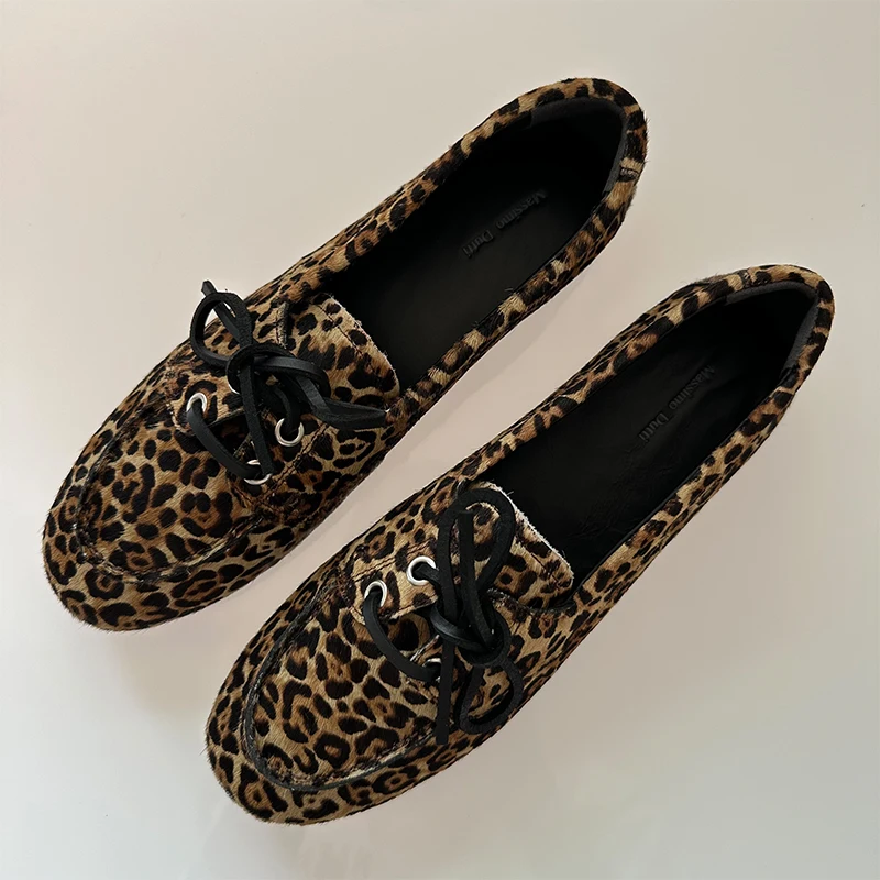 Mrxmus 2024New Women Shoes Casual Flat Bottom Lace Up Single Shoe Retro Leopard Print Horsehair Boat Shaped Round Toe Loafers