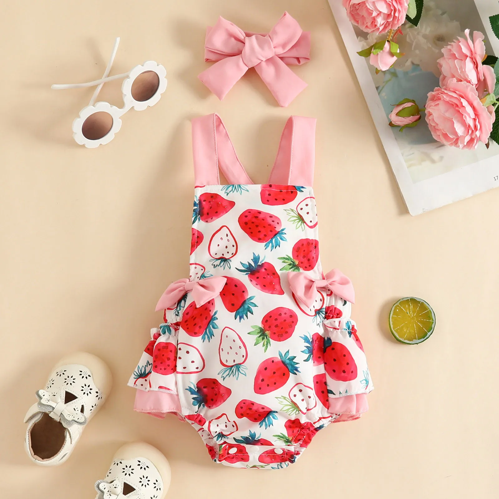 Infant Girls Sleeveless Strawberry Cow Printed Romper Newborn Ruffles Backless Bodysuits Headbands 0-18 Months Summer Clothes