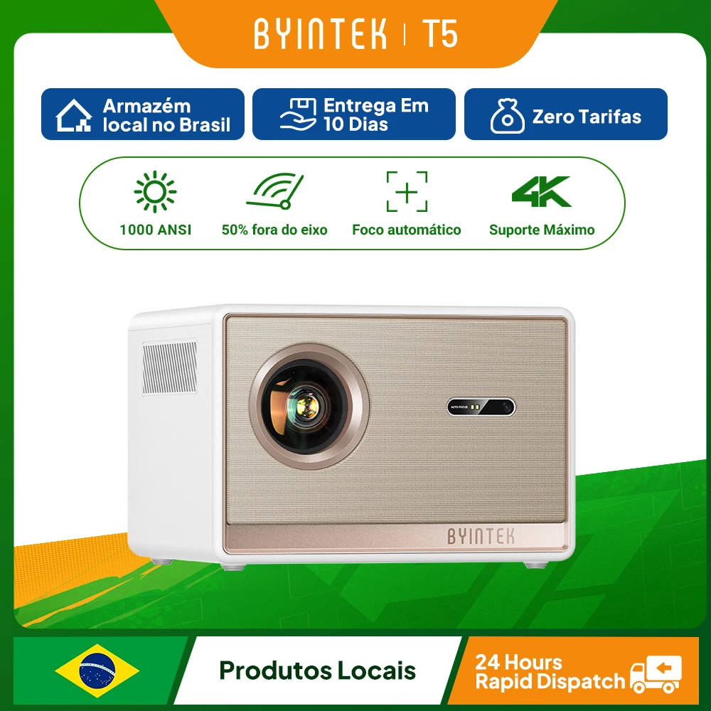 Projetor BYINTEK T5 Max Full HD 1080P 4K Google TV 11.0 1000ANSI WiFi 6 Foco Automático Projetor Profissional de Home Theater