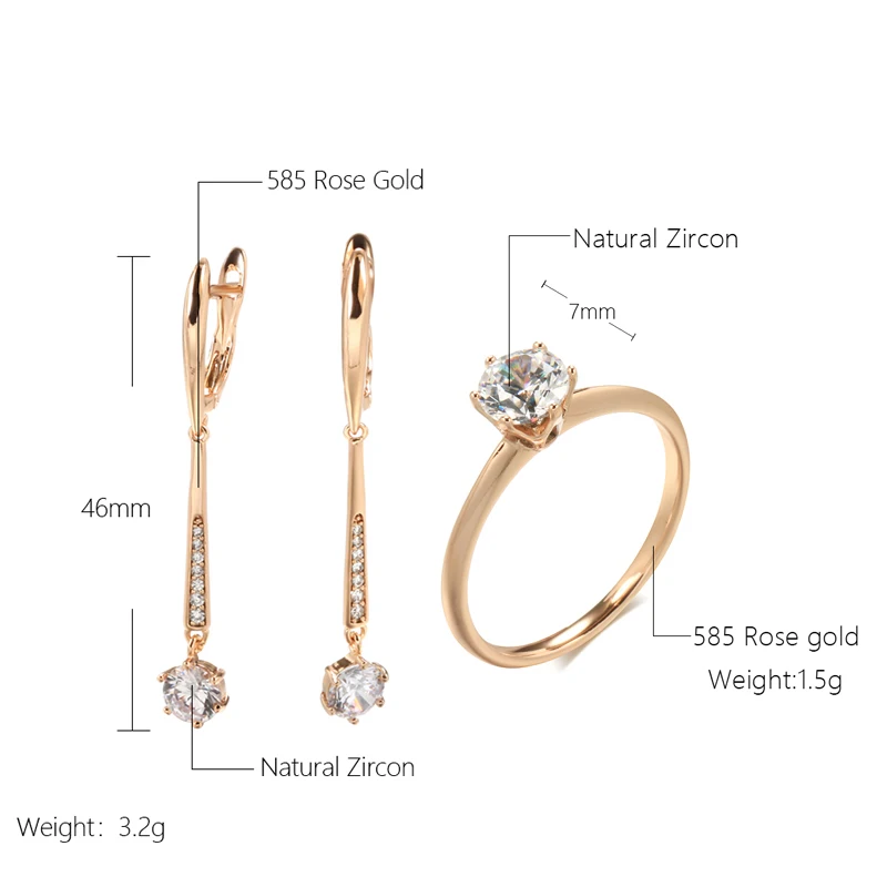 Kinel New 585 Rose Gold Women Long Earrings Ring Sets Round White Natural Zircon Luxury Fine Gift Casual Fashion Jewelry Sets