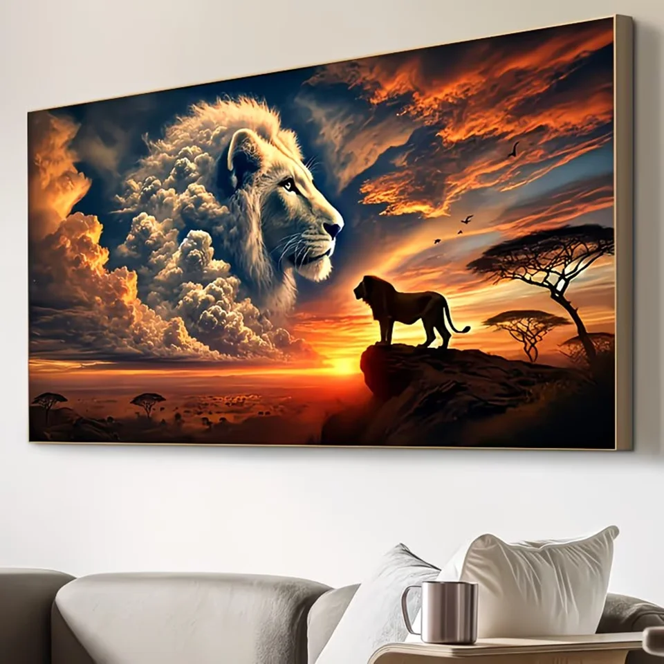Image of Diamantmalerei Sonnenuntergang Akazienbaum auf Afrikanischem Grasland, Farbverlauf Himmel Löwe 5D Vollständiges DIY Stickerei-Mosaik Kreuzstich-Set