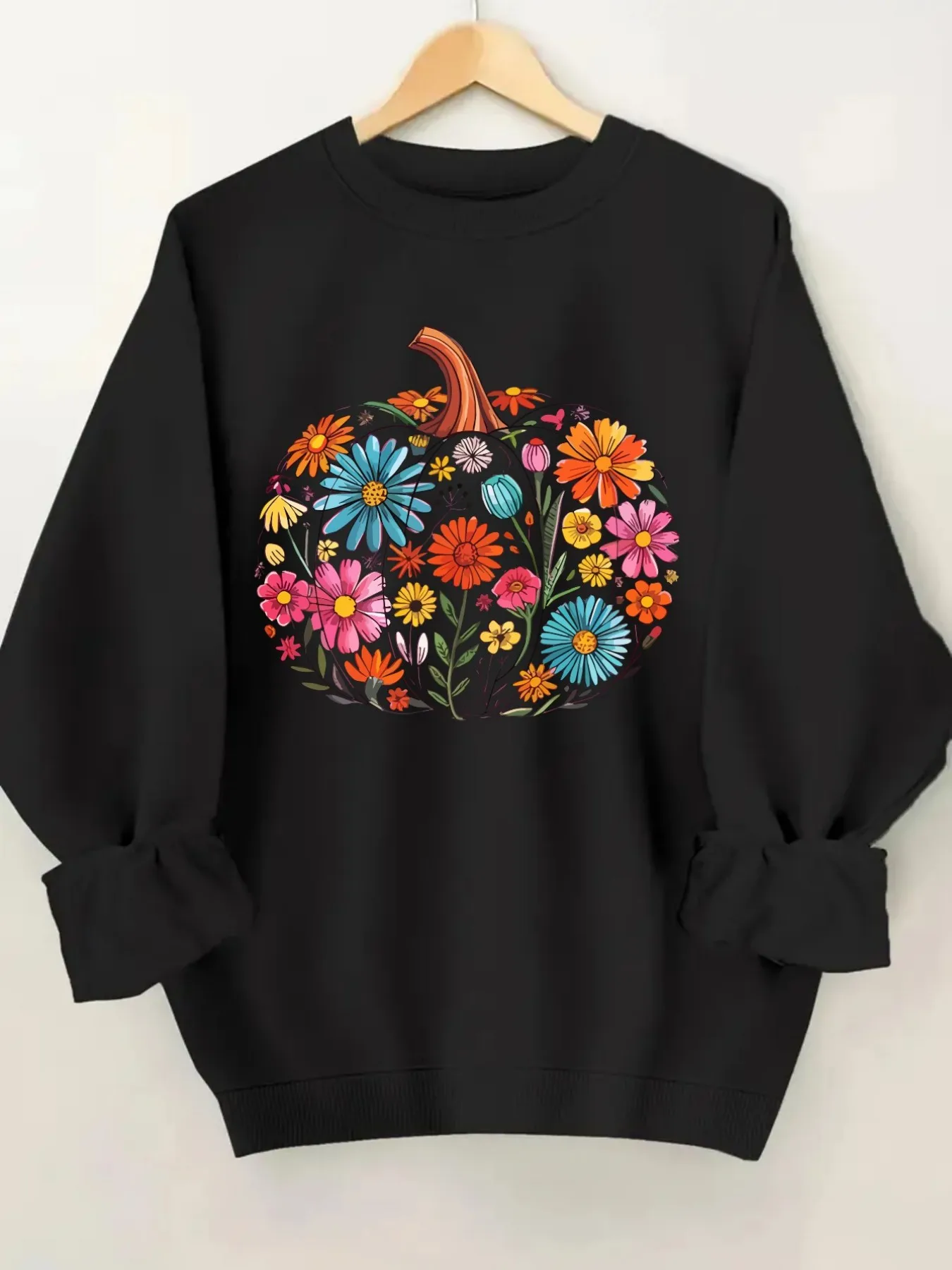 Women's Crew Neck Pullover Sweatshirt Floral Pumpkin Design Design, Soft Casual Long Sleeve, Daily Casual Top Outfit, Winter Women's Clothing, Thanksgiving Outfit