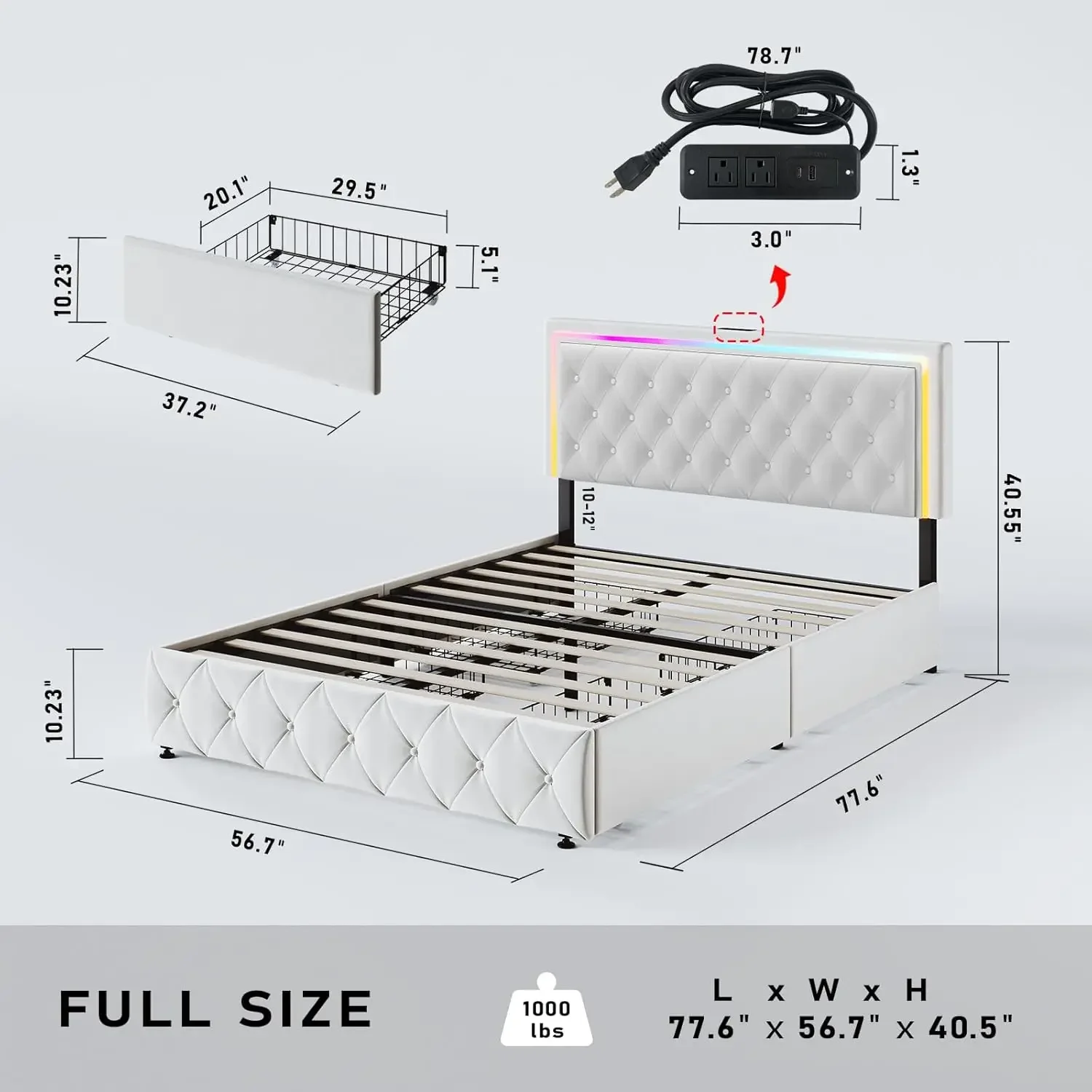 A full-size bed frame with storage space, 4 drawers, a white bed frame with adjustable LED headboard, and solid wooden strips