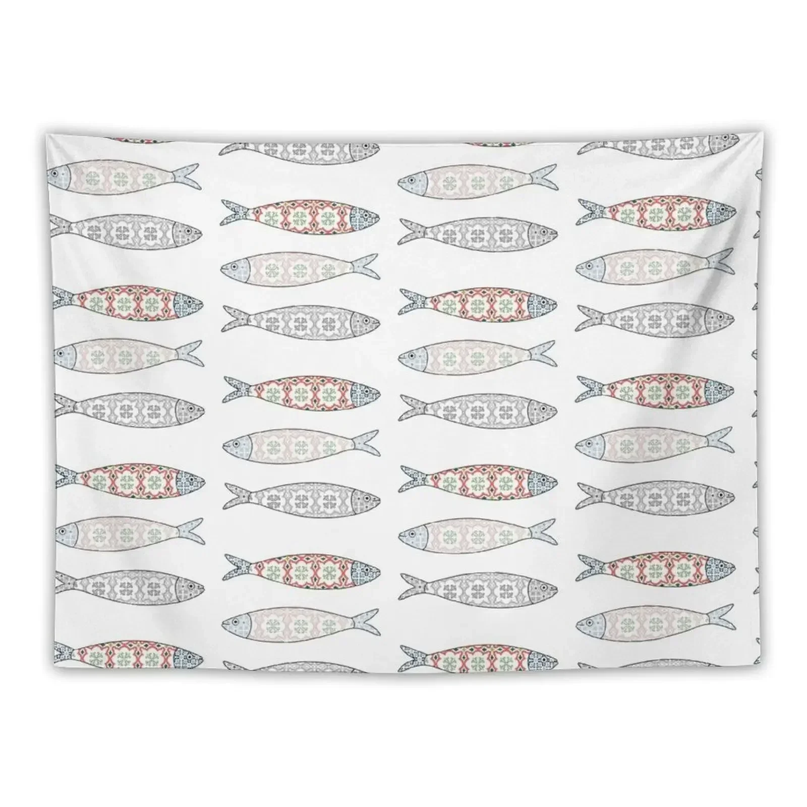 Traditional Portuguese icon. Colored sardines with typical Portuguese tiles patterns. Vector illustration Tapestry