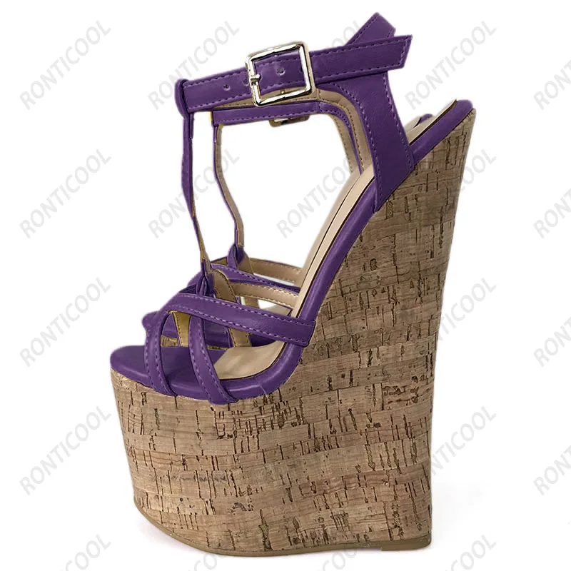 Ronticool Handmade Women T-strap Sandals Ultra High Wedges Heels Round Toe Classics Black Dress Shoes Ladies US Plus Size 5-15