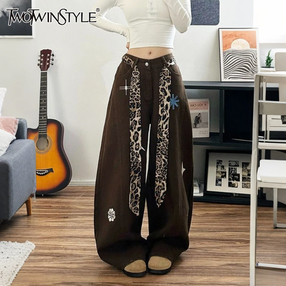 TWOTWINSTYLE Coffee Spliced Lace Up Trousers Female High Waist Loose Korean Vintage Women's Wide Leg Pants Autumn New Fashion