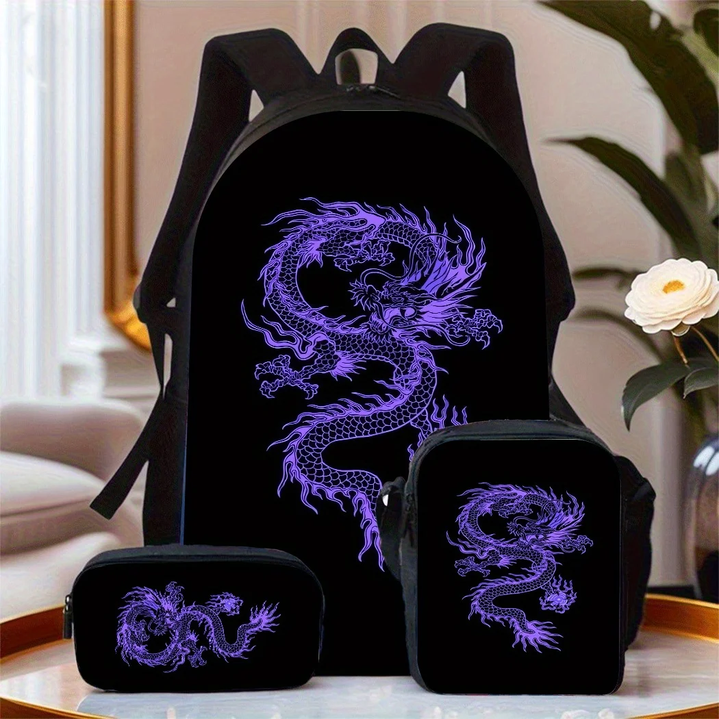 

3pcs Dragon Backpack Set with Matching Lunch Box-Like Companion Pouches - Purple & Black Chinese Dragon Appliqué & Print Backpac