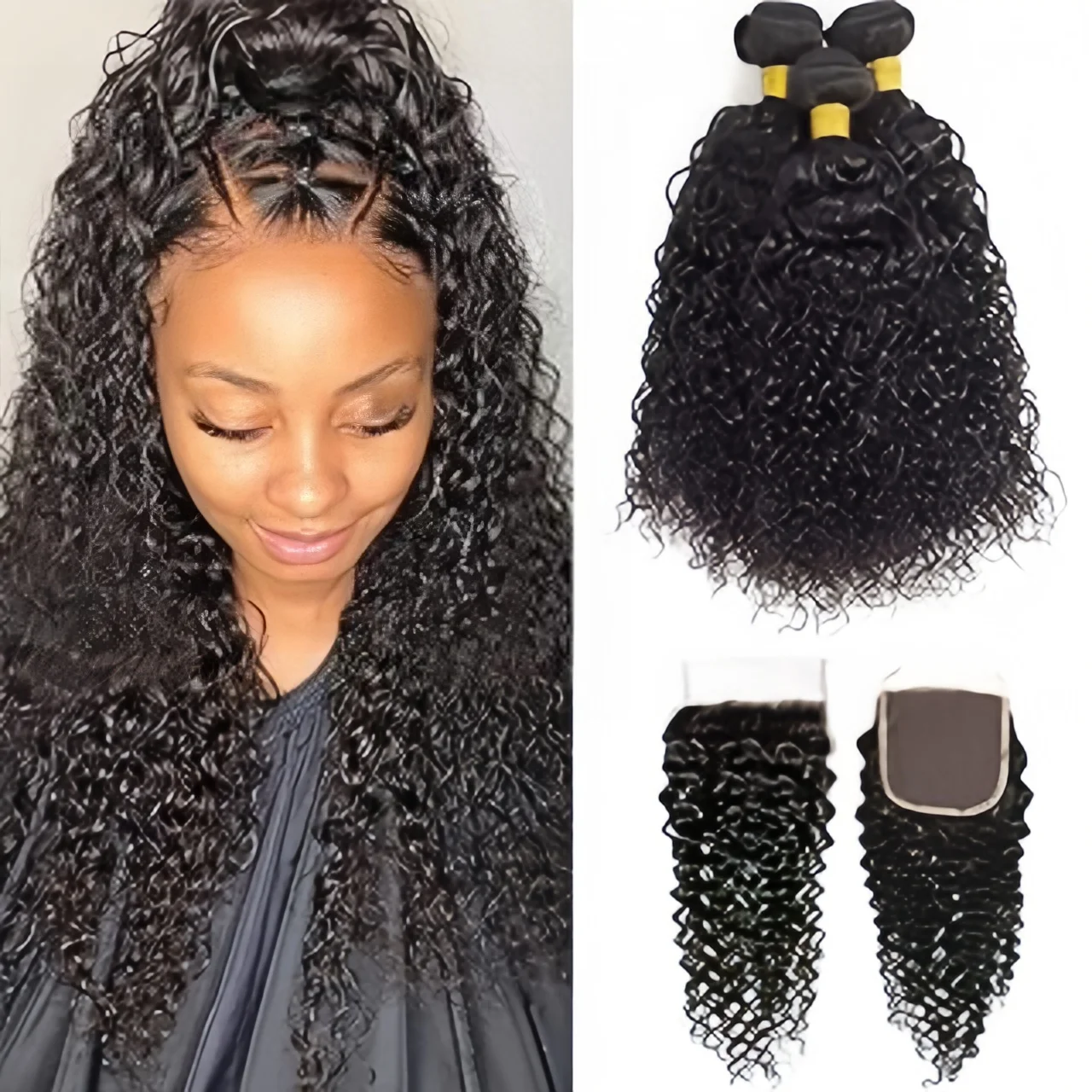 

Наборы кудрявых волос 12A Kinky Curly с фронтальной застежкой, перуанские глубокие кудри, волнистые пряди с застежкой, 100% натуральные волосы Remy для наращивания