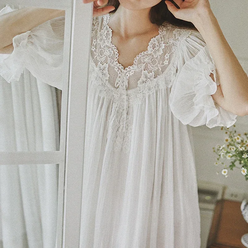 Women Summer Vintage Cotton Fairy Nightgowns Short Sleeve V-Neck Lace Nightdress Victorian Night Dress Princess Sleepwear