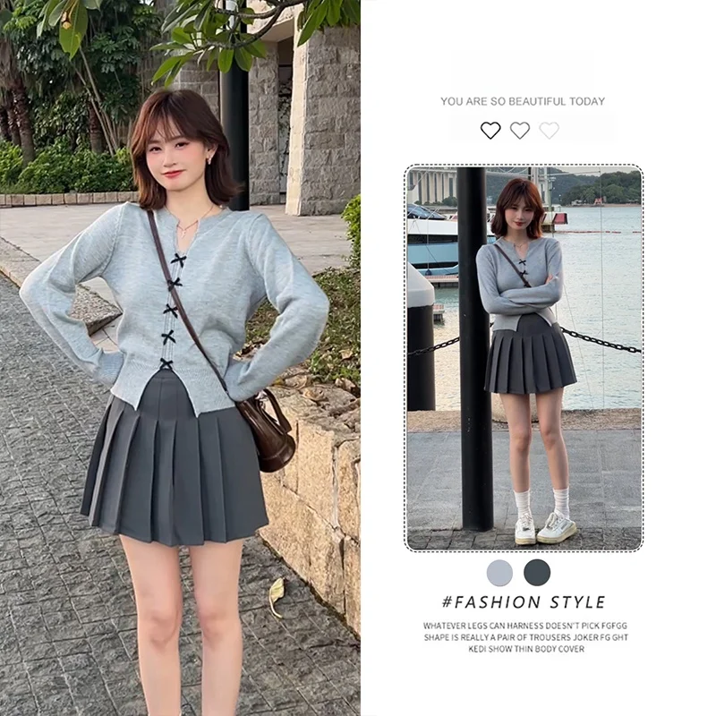 

Korean Style Women's Winter Fashion Set V-neck Knot Grey Knitted Sweater Pleated Skirt Two-piece Ensemble