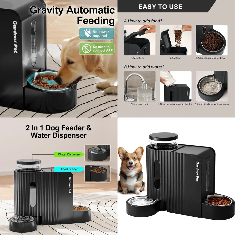 

Двойная автоматическая кормушка для домашних животных без BPA емкостью 1,8 галлона и поилка из нержавеющей стали для собак, кошек и мелких животных (черная)