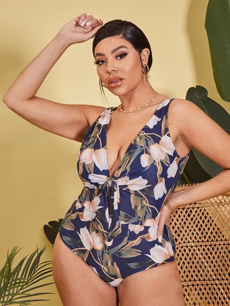 2024 Ruffle Swimsuit One Piece Large Plus Size Swimwear Women Beachwear Printed Bathers Bathing Swimming Swim Suit Female 4XL