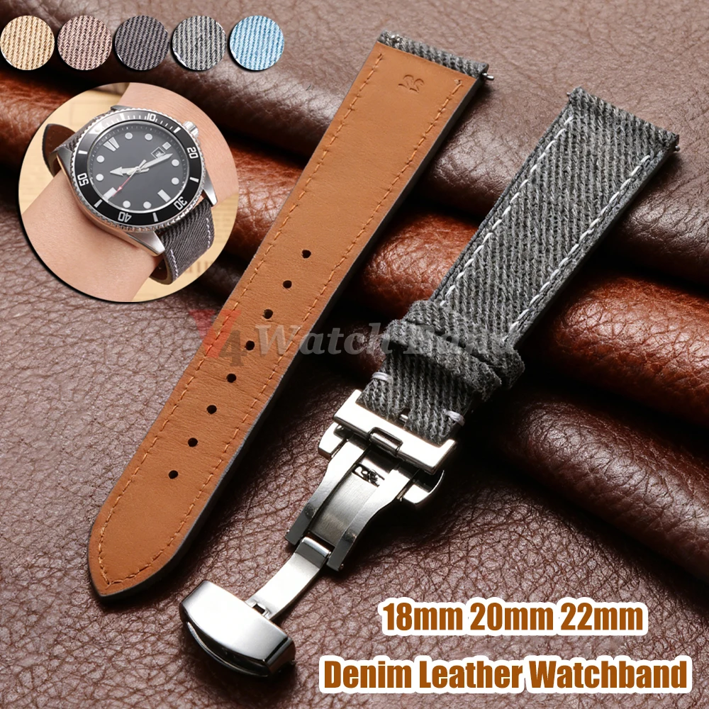 18mm 20mm 22mm Vintage Denim Uhrenarmband Genähtes Leder Uhrenarmband Universal Schnellverschluss Armband Schmetterlingsschnalle Armband