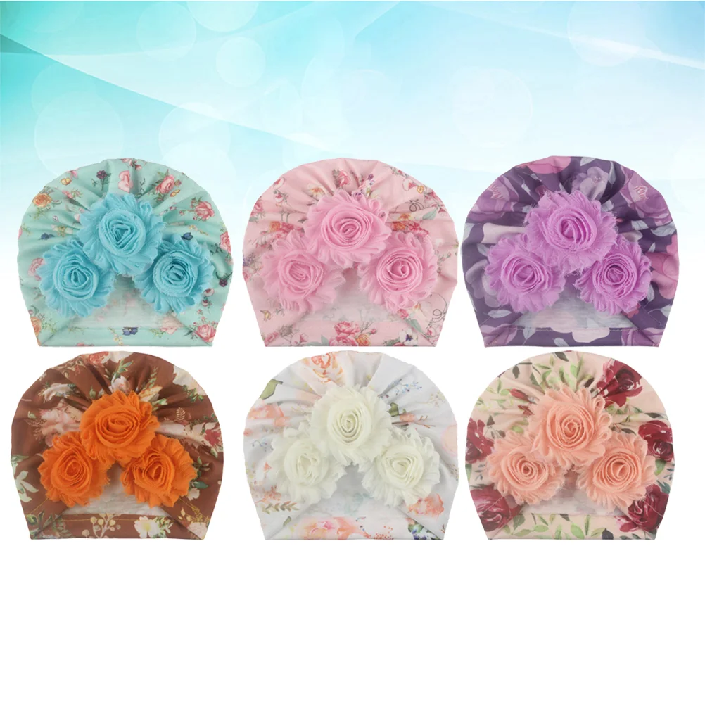 6pcs Flower Baby Newborn Headwraps Printing Turban Hat Useful Protector for Baby Children (6 Patterns)