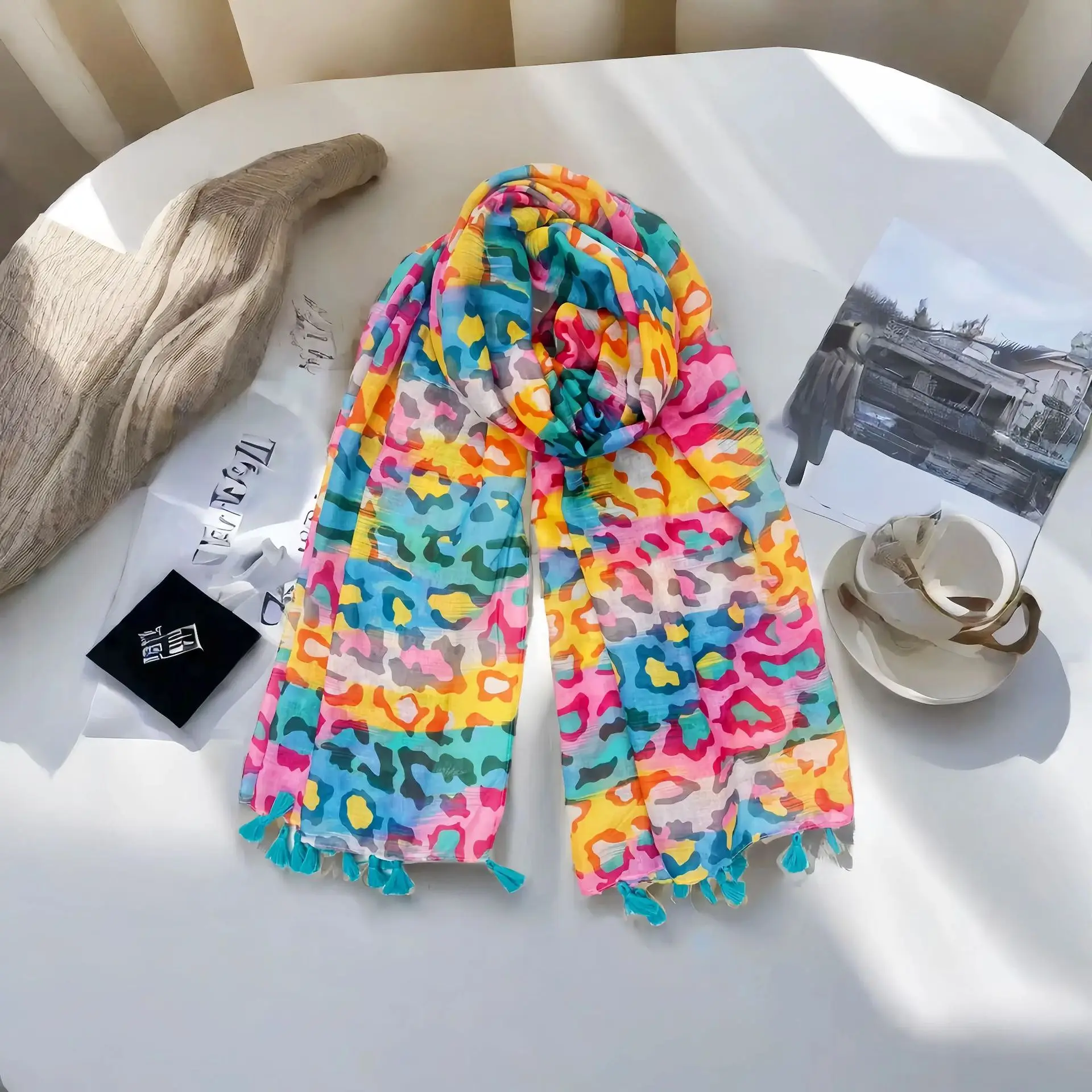 2024 Newest Women Colorful Leopard Printed Pattern Scarf Cotton Voile Scarf Shawls