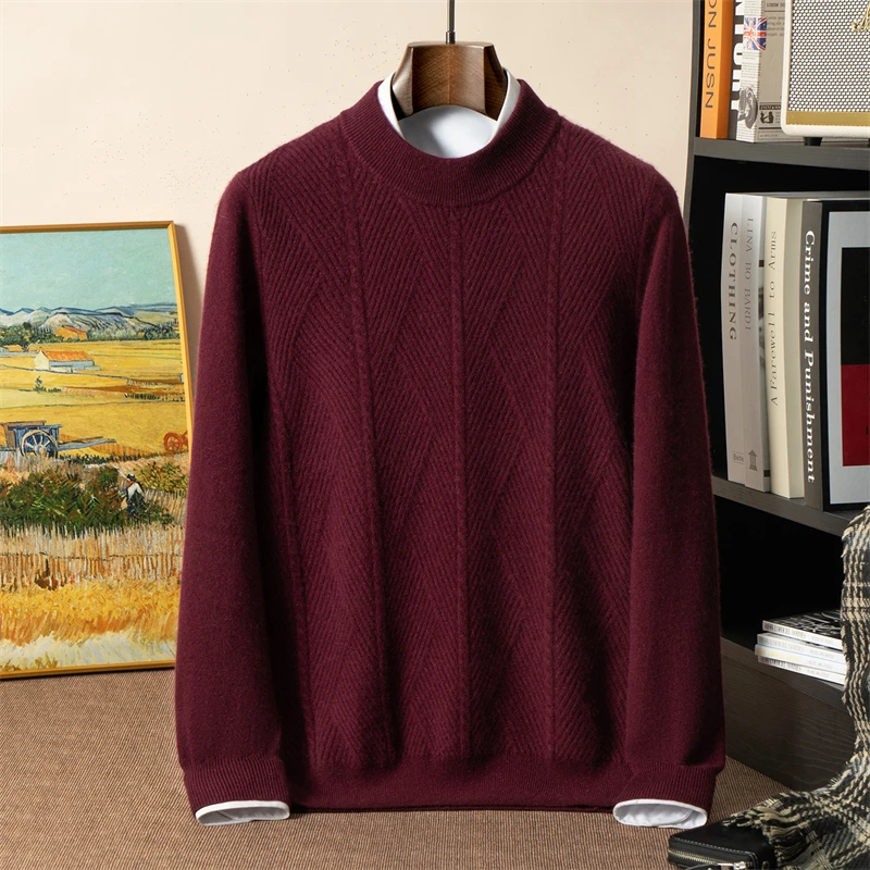 Mezzo dolcevita jacquard calibro 12 Maglione in puro cashmere al 100% Maglieria base casual ampia da uomo