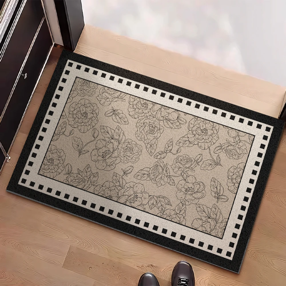 Vintage Floral Pattern Wire Loop Mat Classic Black & Beige Dust-Removing Non-Slip House Entrance Door Mat