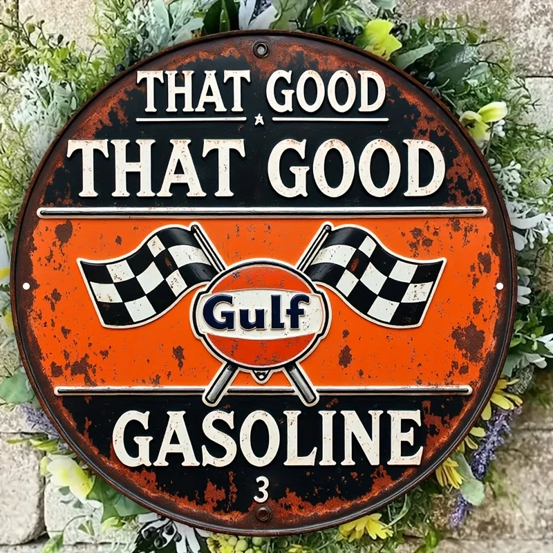 مسطح ثنائي الأبعاد، [مسطح] قطعة واحدة من لافتة معدنية عتيقة تعمل بالبنزين الخليجي - 20.32 × 20.32 سم ديكور حائط من الألومنيوم مع تصميم سباق، مثالي