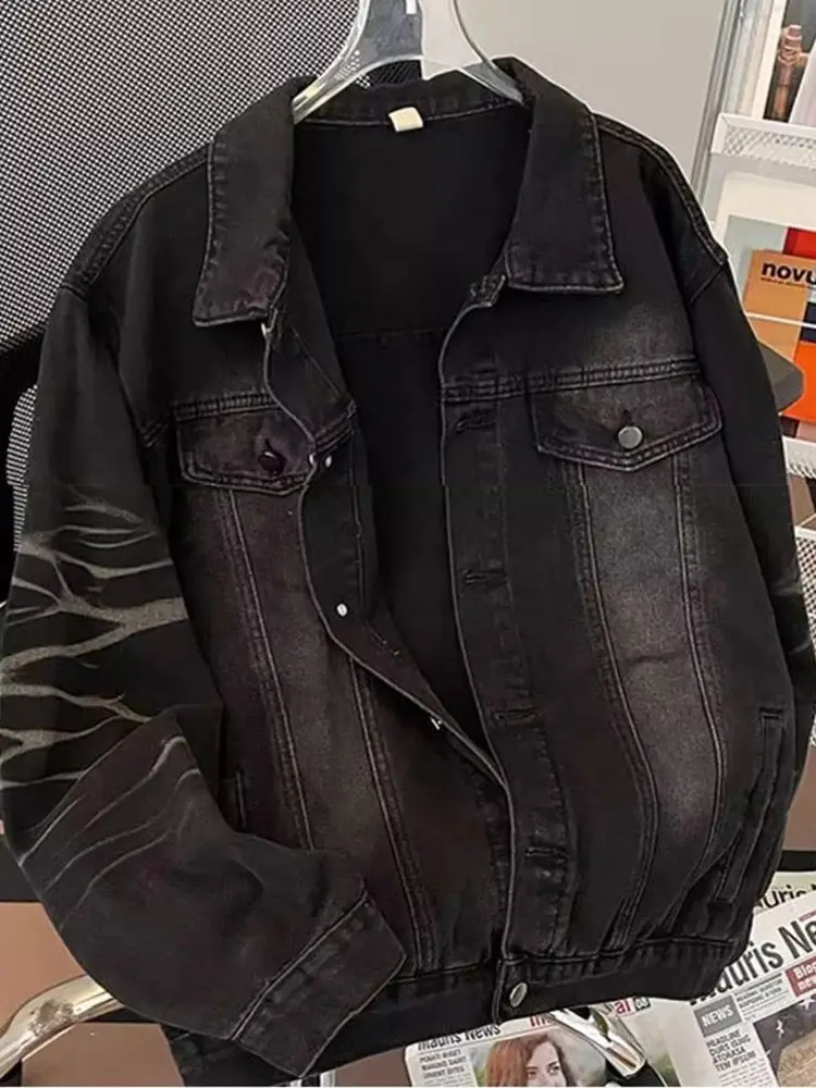Men's American Style Denim Jacket Spring Autumn Loose Fit Cargo Long Sleeve Streetwear Hip Hop Vintage Workwear Jean Jacket