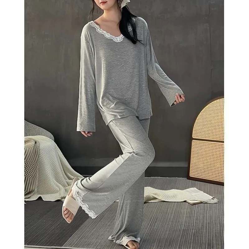 

150kg Extra Large Size Spring Pajamas Women Korean Version Loose Homesuit Simple Lace Splicing Loungewear Can Be Worn Outside
