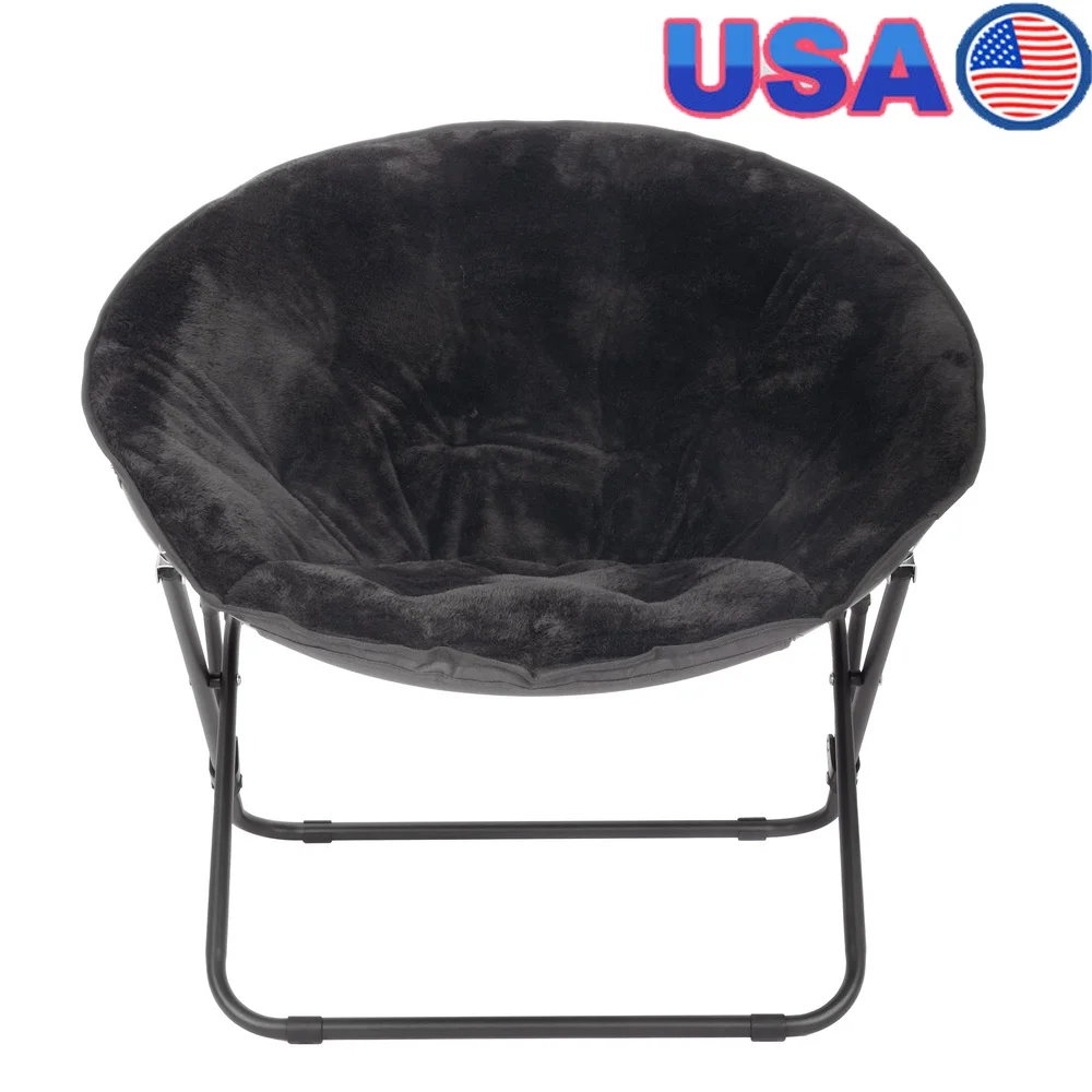 

Foldable Saucer Chair Kids Teens Velvet Accent Chair Portable Indoor Seating Compact Storage Black Faux Fur