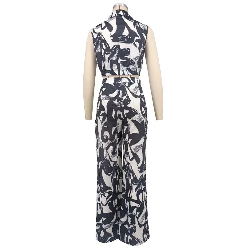 투피스 여성 팬츠 세트 프린트 세트 턴다운 칼라 민소매 숏탑 하이웨이스트 풀렌스 와이드 레그 팬츠 캐주얼 2025 여름