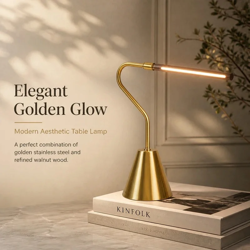 Modern Gold Metal Desk Lamp Arm LED Tube Reading Table Lamp Cone Base Table Light for Study Bedroom Office Home Decor