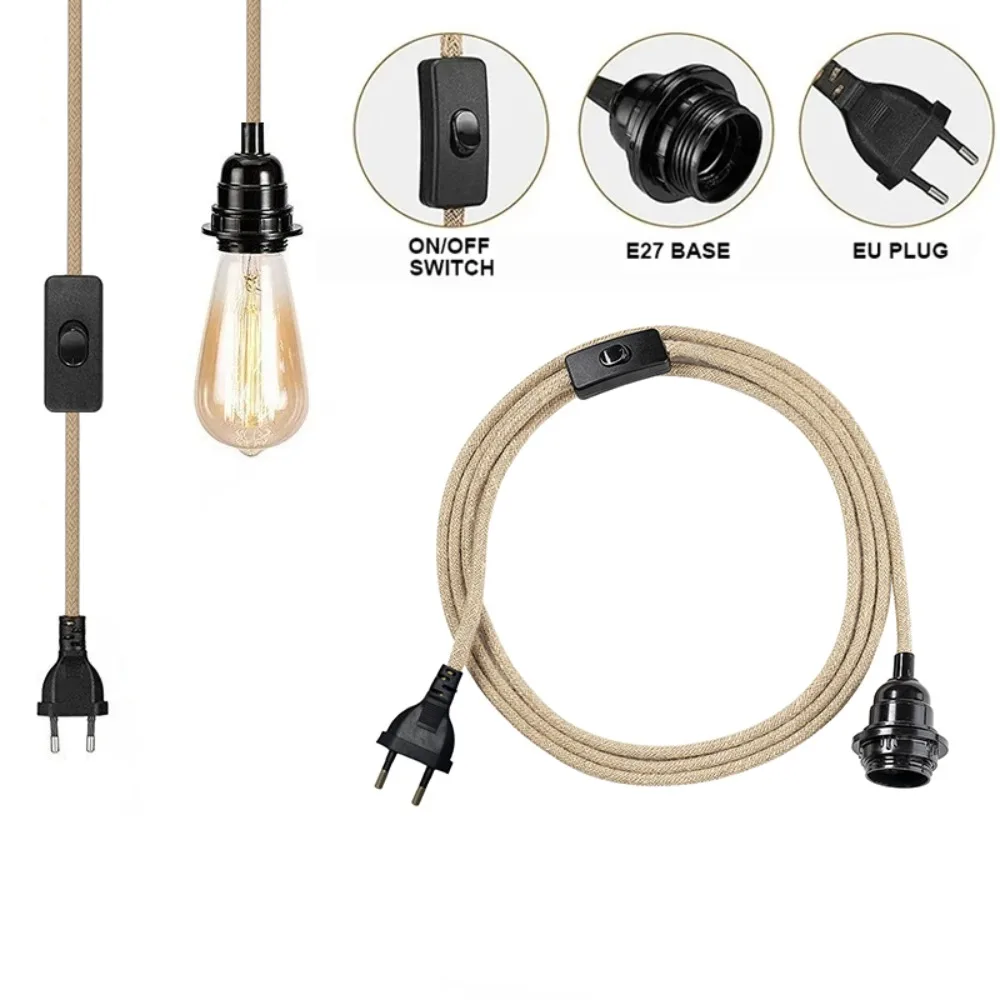 JOYINLED Hemp Rope Lamp Holder with 4.5M EU/US Plug in Cord Retro Pendant Light Cord with ON/OFF Switch E26 E27 Base For DIY