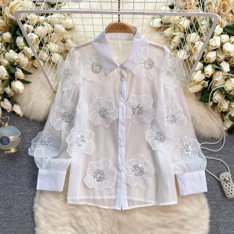 

High End Western Heavy Industry Nail Bead Sequin Three-Dimensional Flower Shirt For Women's 2024 Spring Clothing, New