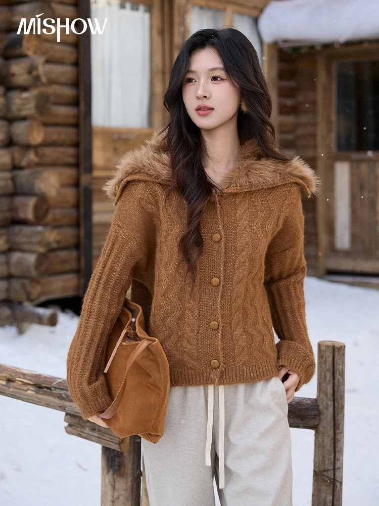 

MISHOW, женский коричневый вязаный кардиган, осень-зима 2022, топы с меховыми лацканами и пуговицами, теплые свободные свитера MXE93Z2947