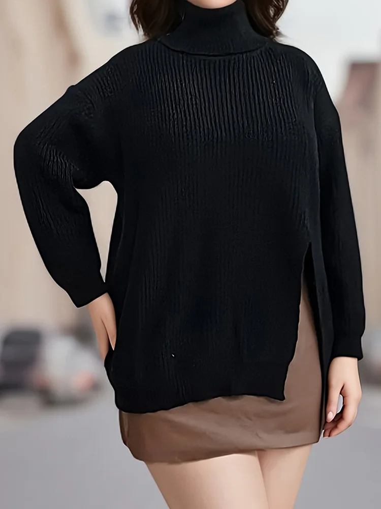 GIBSIE Plus Size Black Split Mid-long Knitted Sweater Women 2024 Autumn Winter Turtleneck Long Sleeve Loose Pullover Sweater